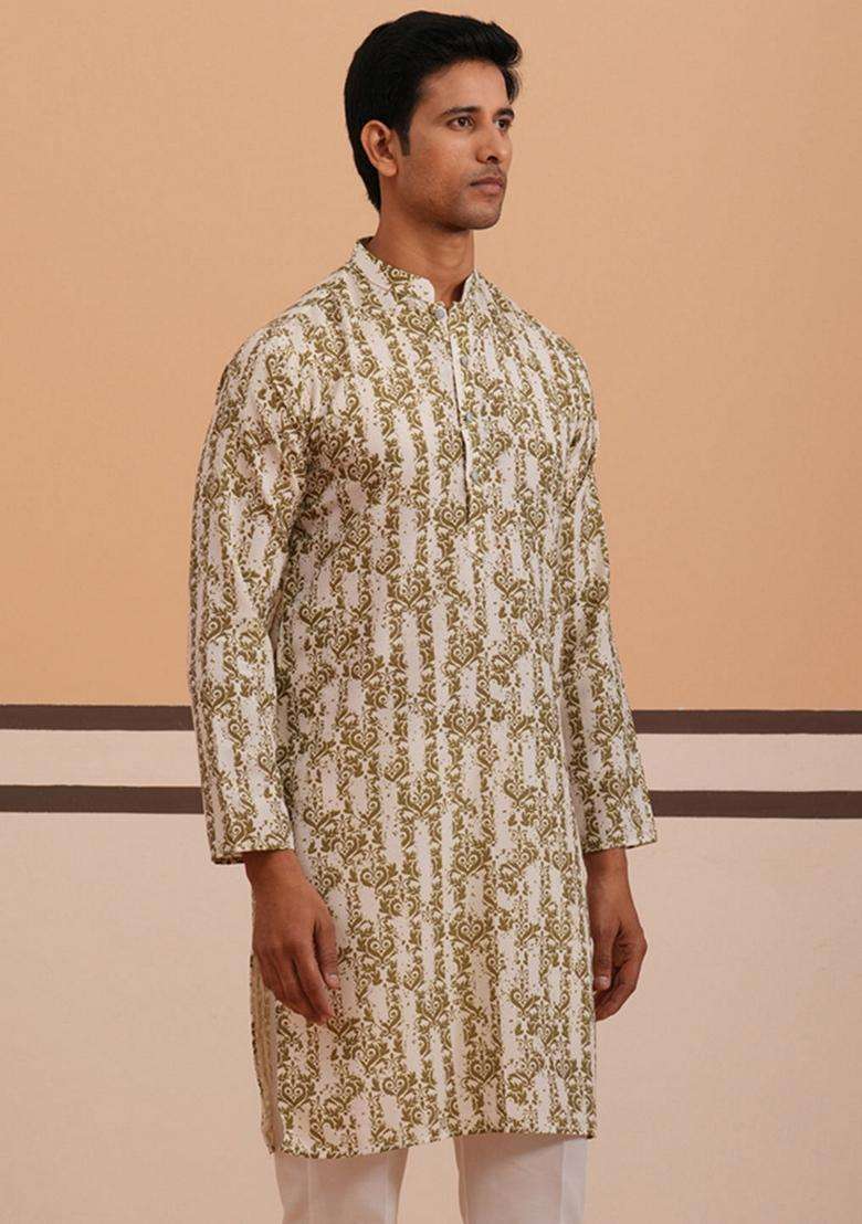 Olive Printed Cotton Kurta For Men - Indya