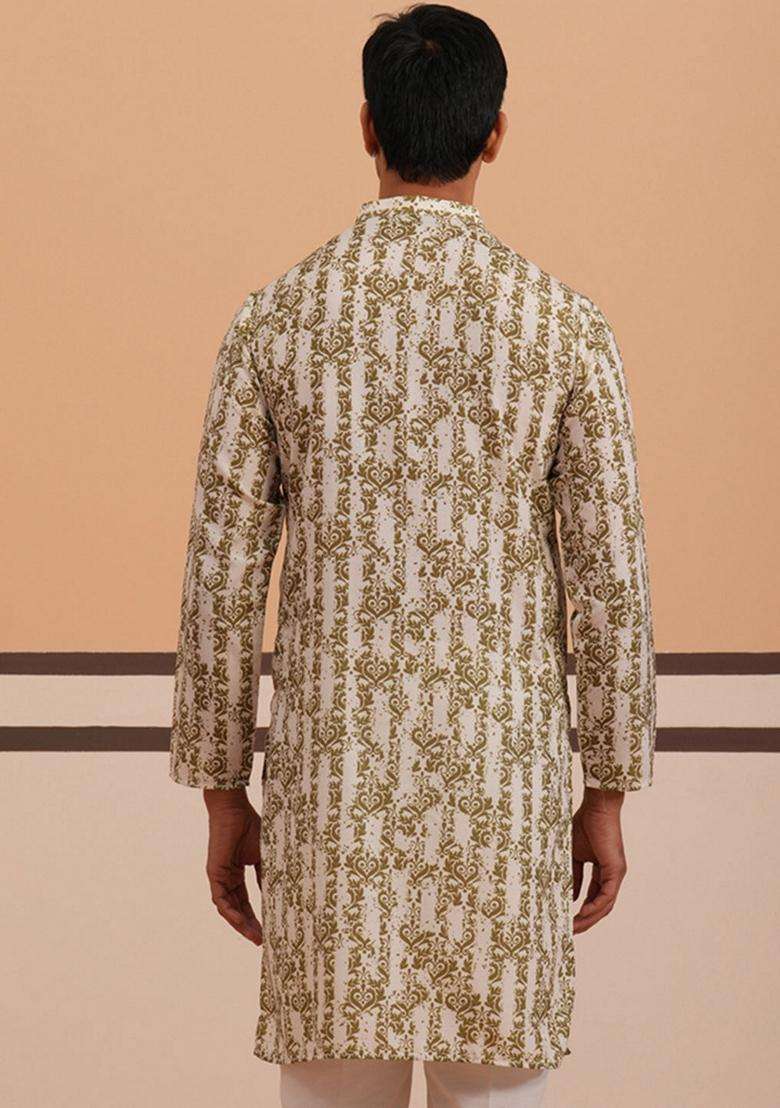 Olive Printed Cotton Kurta For Men - Indya