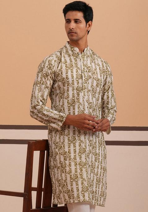 Olive Printed Cotton Kurta For Men