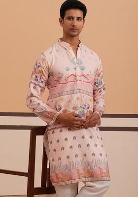 Peach Printed Cotton Kurta For Men