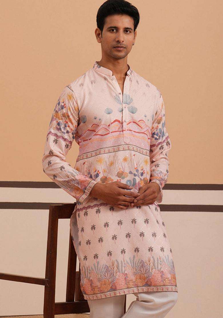 Peach Printed Cotton Kurta For Men - Indya