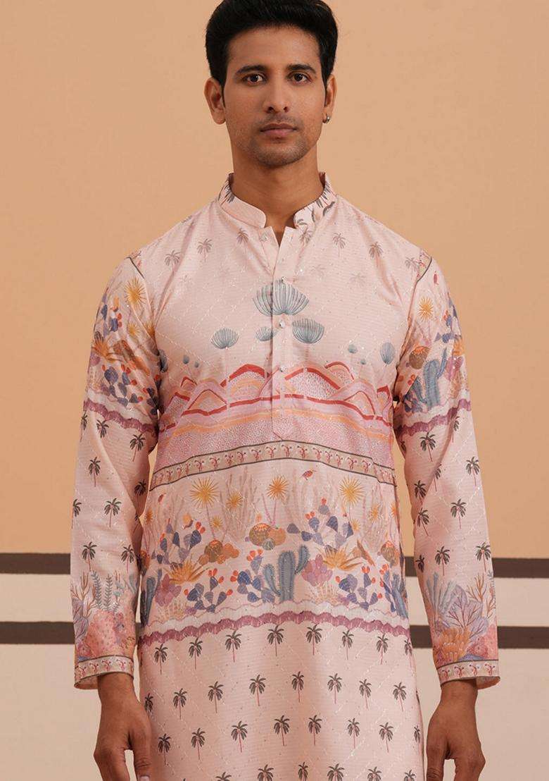 Peach Printed Cotton Kurta For Men - Indya