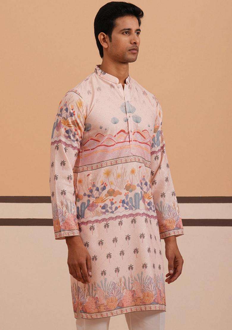 Peach Printed Cotton Kurta For Men - Indya