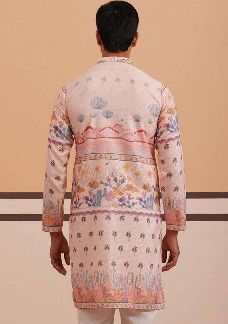 Peach Printed Cotton Kurta For Men - Indya