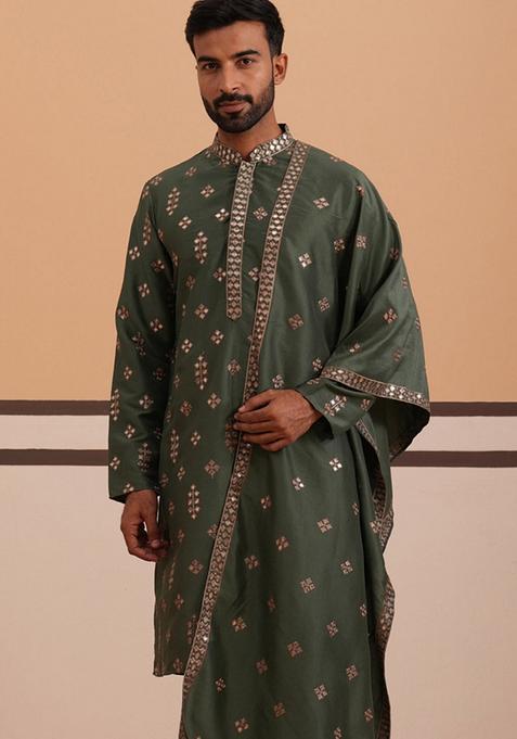 Olive Embroidery Cotton Kurta For Men