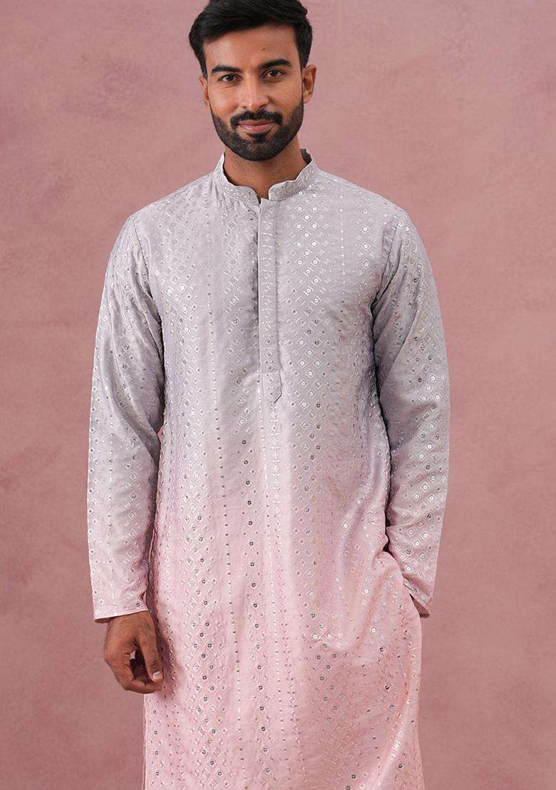 Peach Embroidery Cotton Kurta For Men - Indya