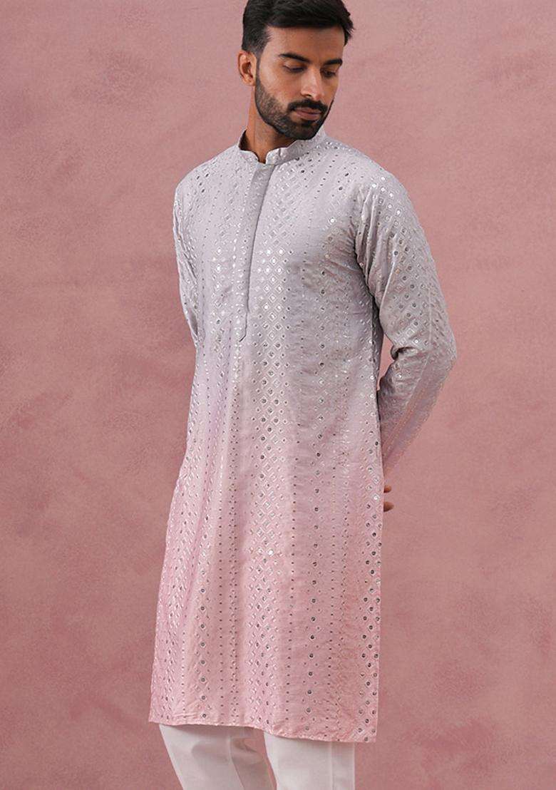 Peach Embroidery Cotton Kurta For Men - Indya