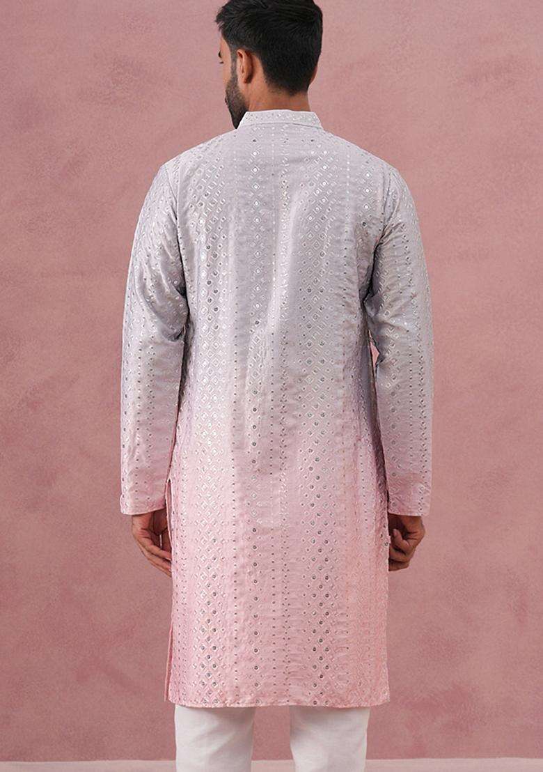 Peach Embroidery Cotton Kurta For Men - Indya