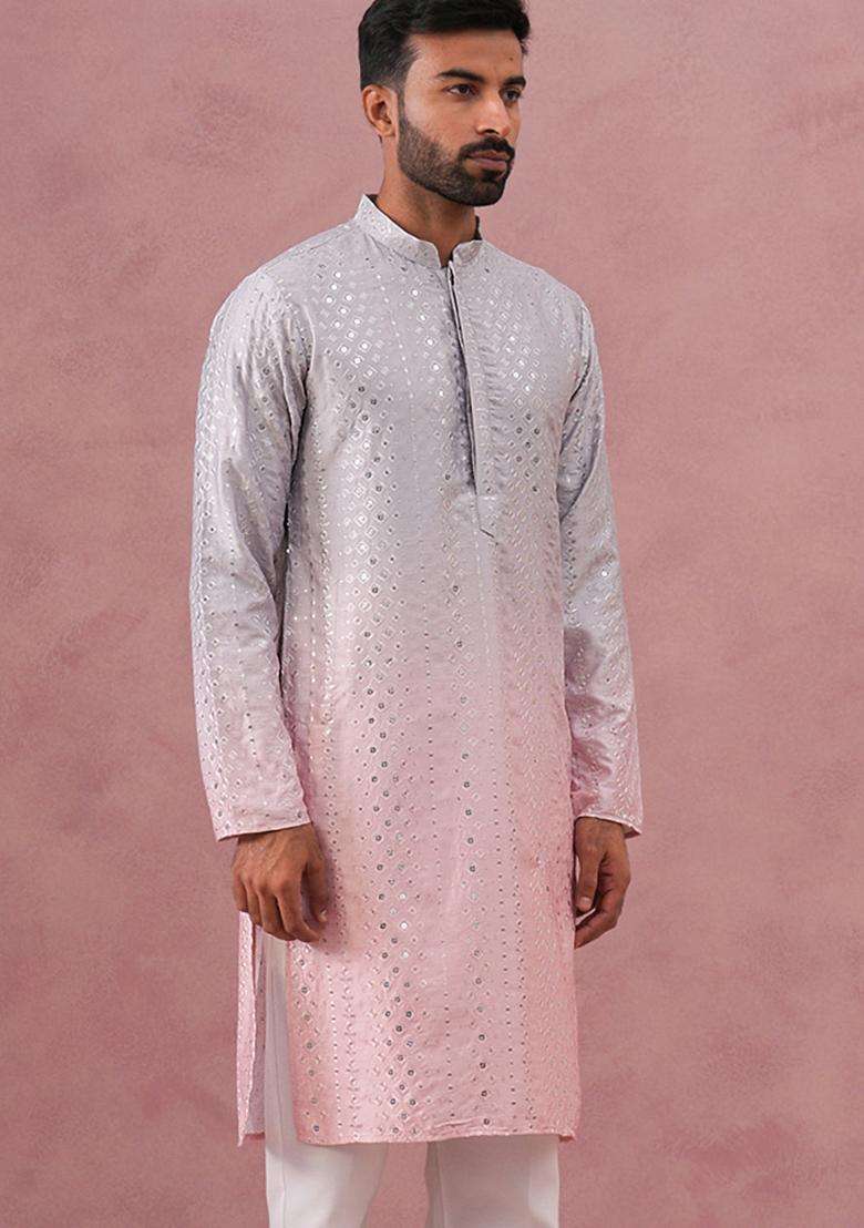 Peach Embroidery Cotton Kurta For Men - Indya