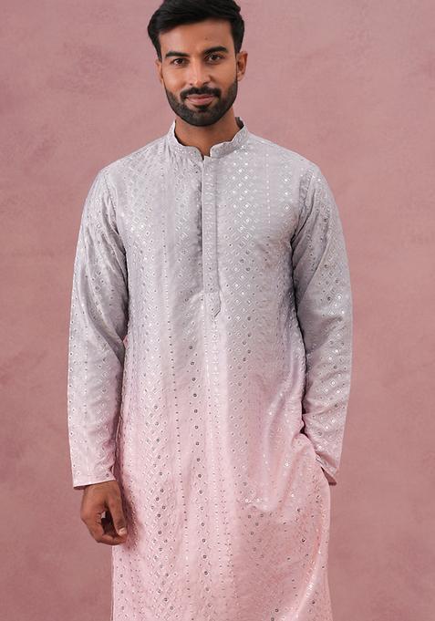 Peach Embroidery Cotton Kurta For Men