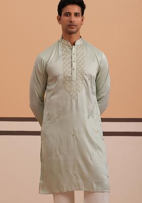 Pista Embroidery Cotton Kurta For Men
