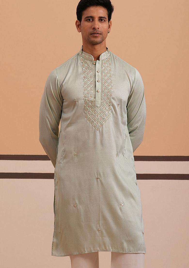 Pista Embroidery Cotton Kurta For Men - Indya