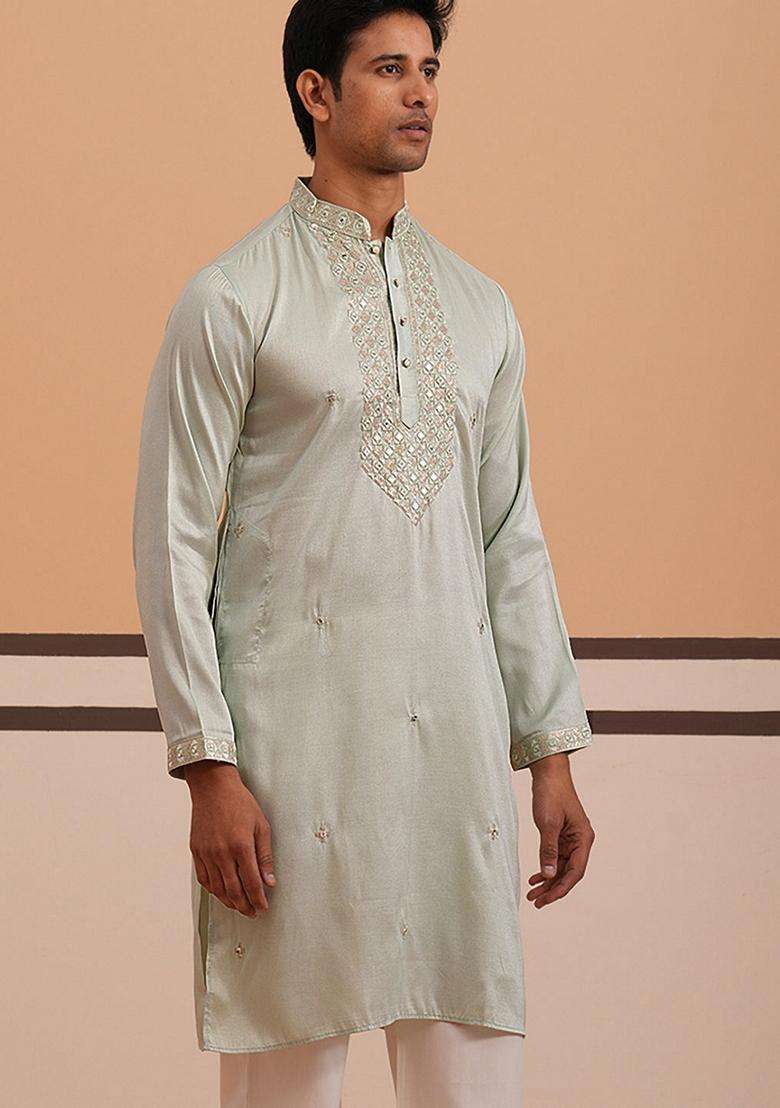 Pista Embroidery Cotton Kurta For Men - Indya