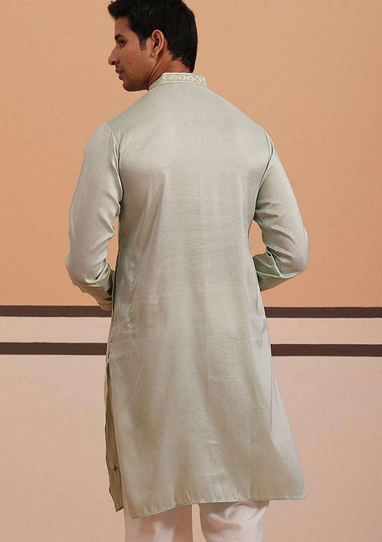 Pista Embroidery Cotton Kurta For Men - Indya