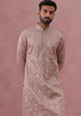 Peach Embroidery Cotton Kurta For Men