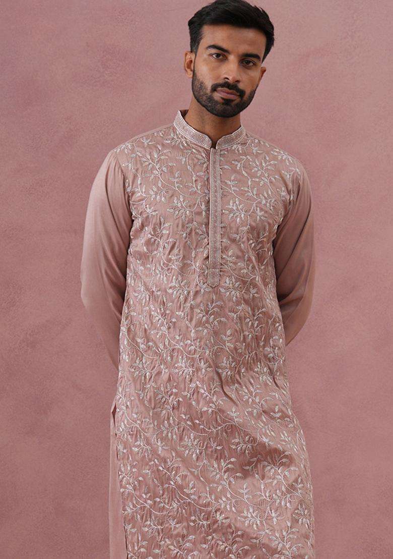 Peach Embroidery Cotton Kurta For Men - Indya