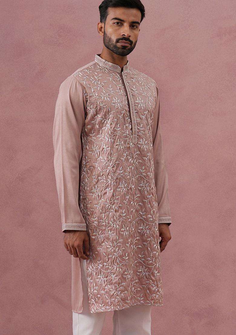 Peach Embroidery Cotton Kurta For Men - Indya