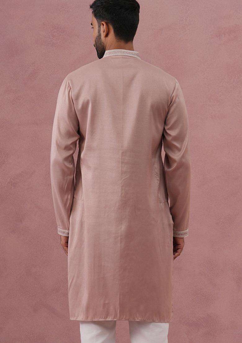 Peach Embroidery Cotton Kurta For Men - Indya