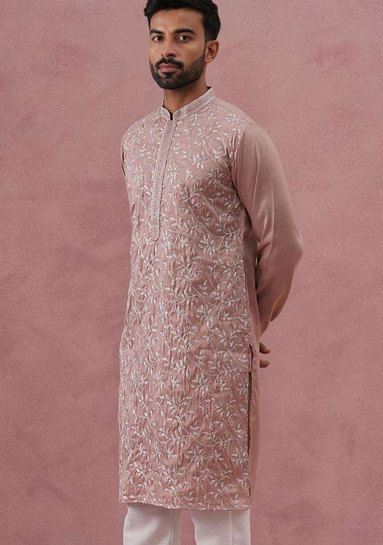 Peach Embroidery Cotton Kurta For Men - Indya