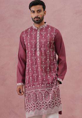 Maroon Embroidery Cotton Kurta For Men