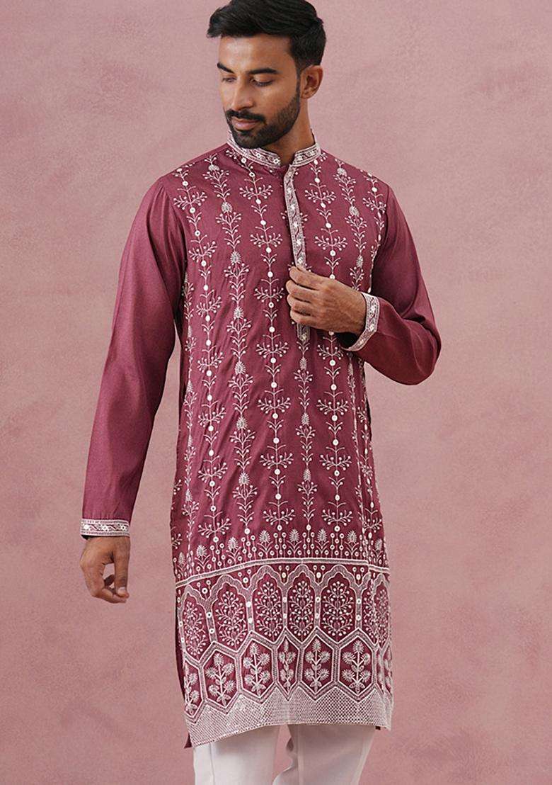 Maroon Embroidery Cotton Kurta For Men - Indya