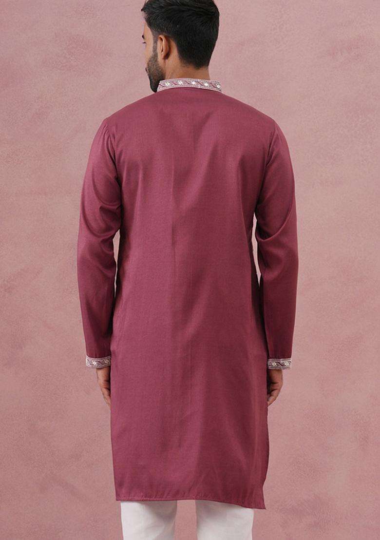 Maroon Embroidery Cotton Kurta For Men - Indya