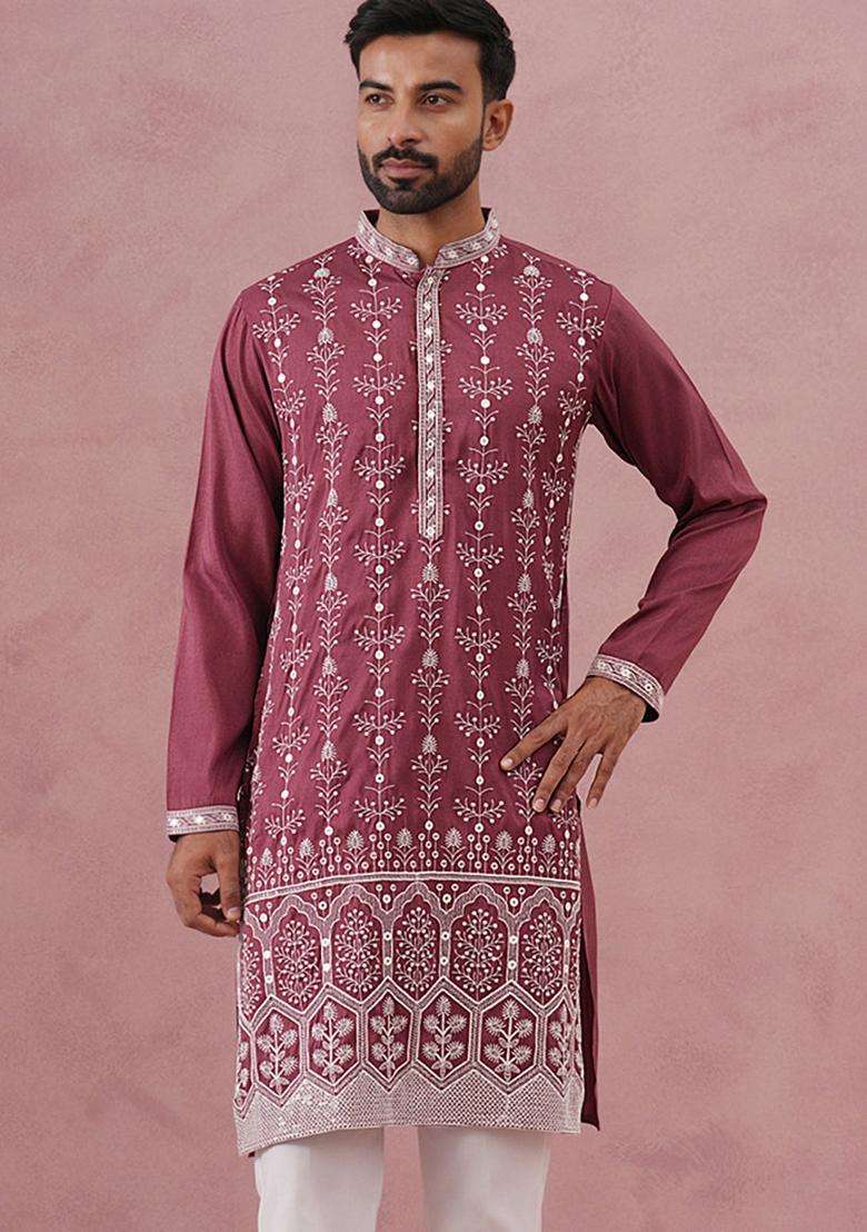 Maroon Embroidery Cotton Kurta For Men - Indya
