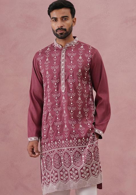 Maroon Embroidery Cotton Kurta For Men