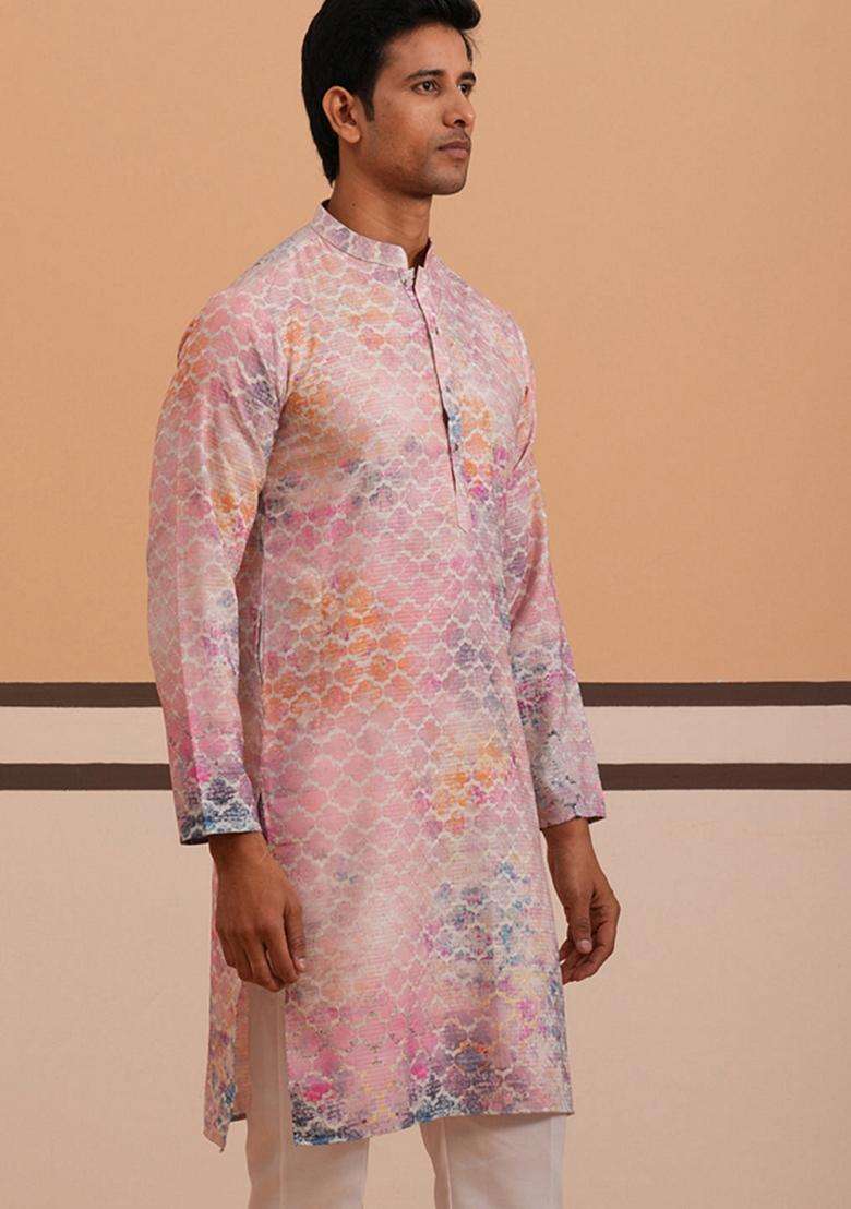 Peach Embroidery Cotton Kurta For Men - Indya