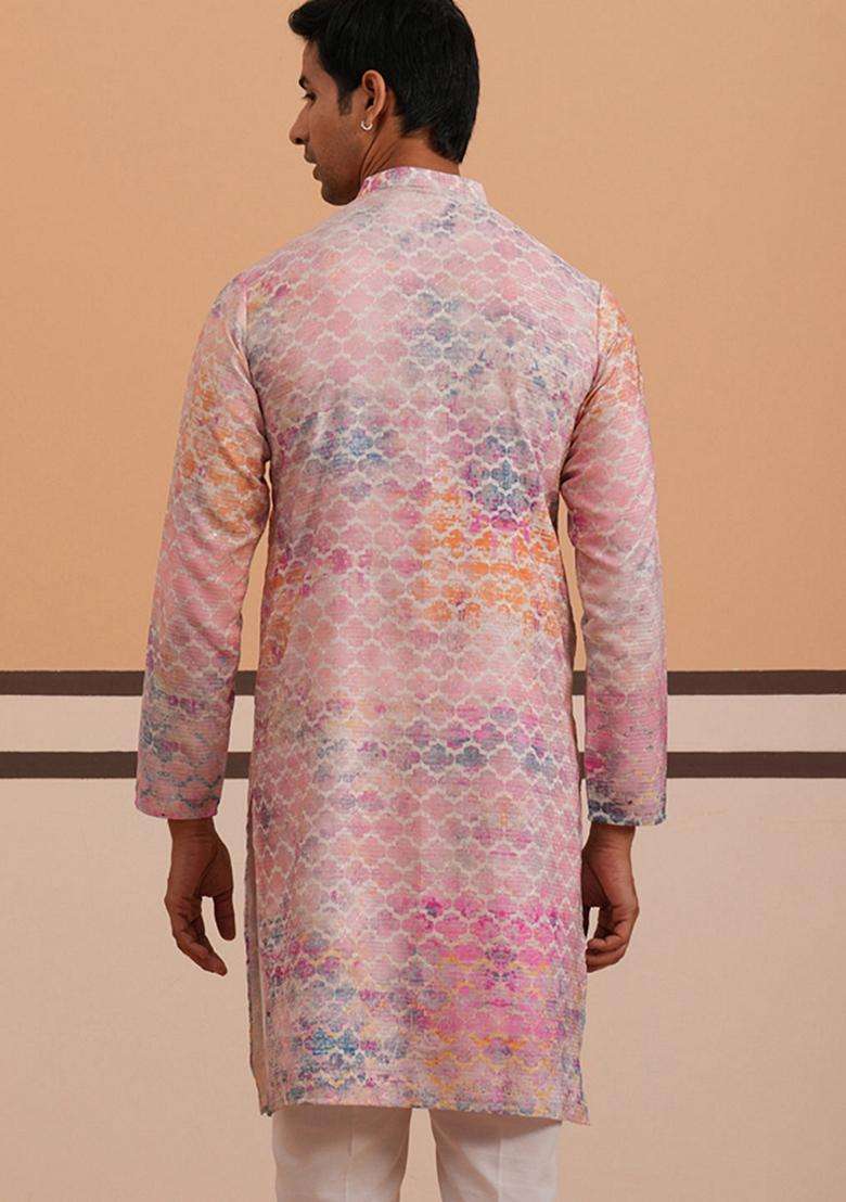 Peach Embroidery Cotton Kurta For Men - Indya