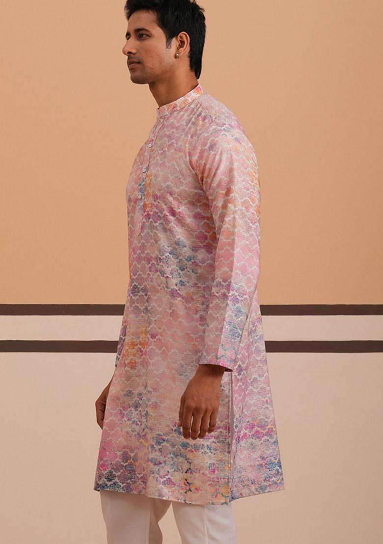 Peach Embroidery Cotton Kurta For Men - Indya