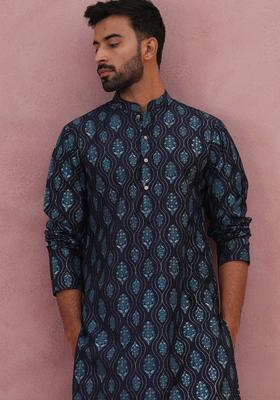 Navy Blue Printed Cotton Kurta For Men