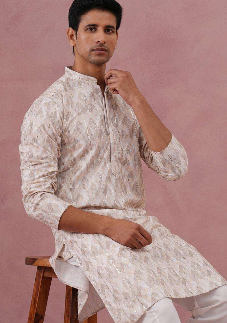 Peach Printed Cotton Kurta For Men - Indya