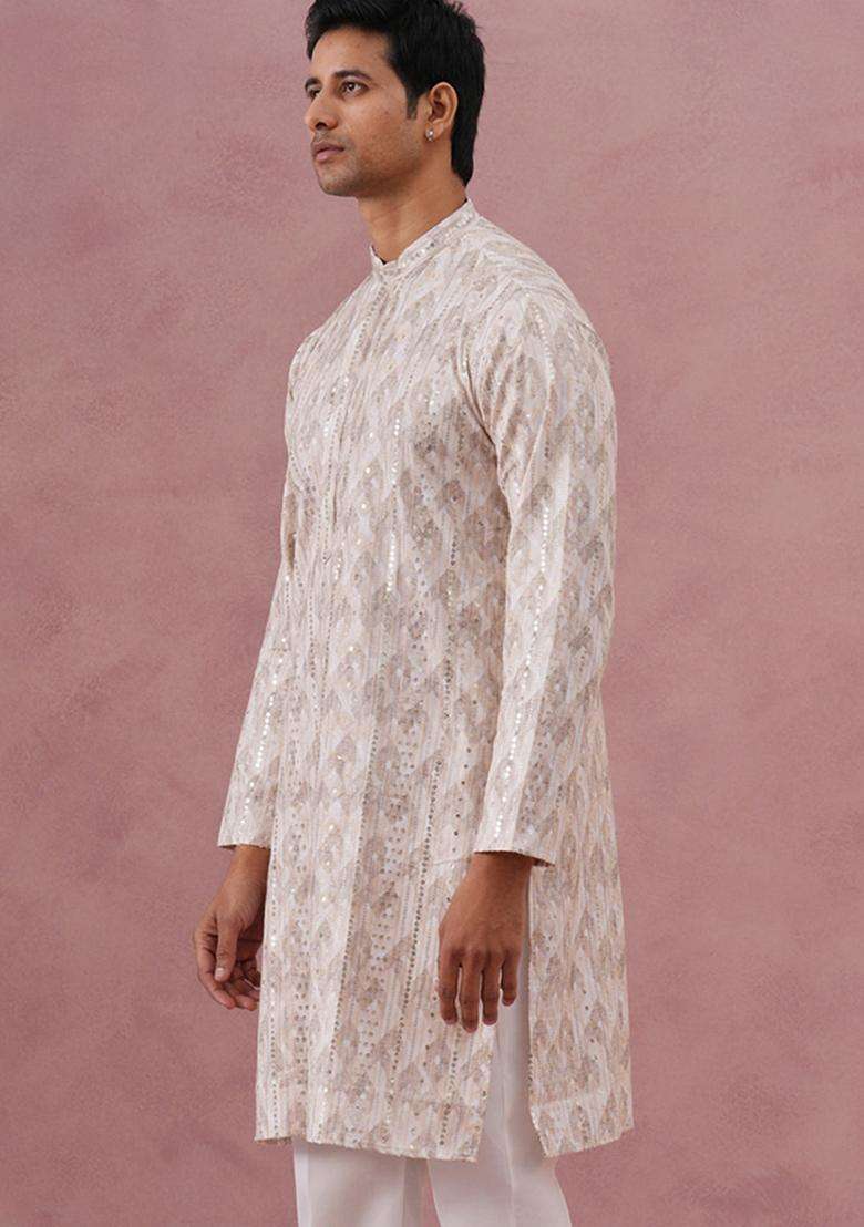 Peach Printed Cotton Kurta For Men - Indya