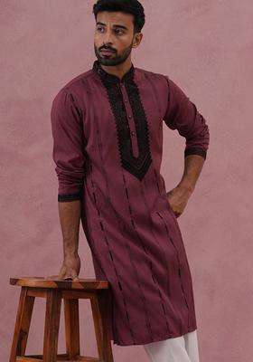 Maroon Embroidery Cotton Kurta For Men
