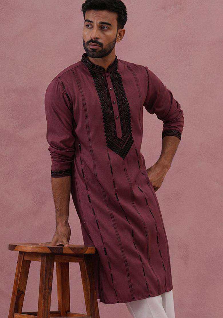 Maroon Embroidery Cotton Kurta For Men - Indya