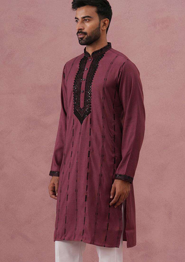 Maroon Embroidery Cotton Kurta For Men - Indya