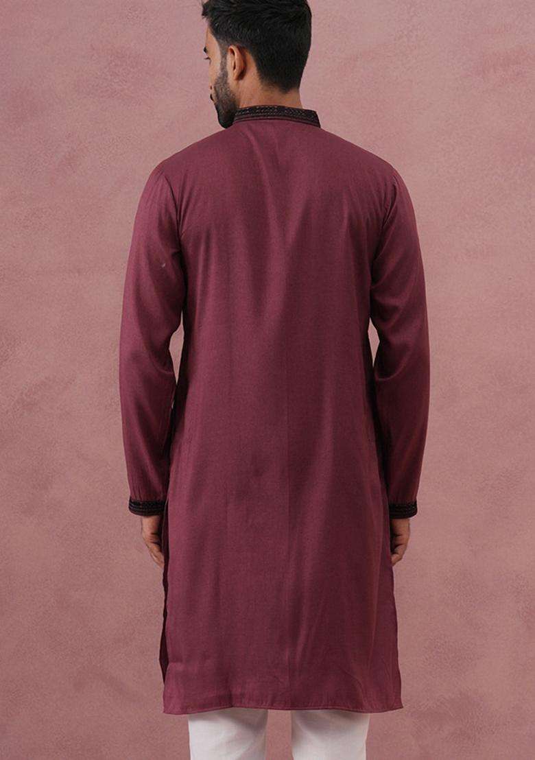 Maroon Embroidery Cotton Kurta For Men - Indya