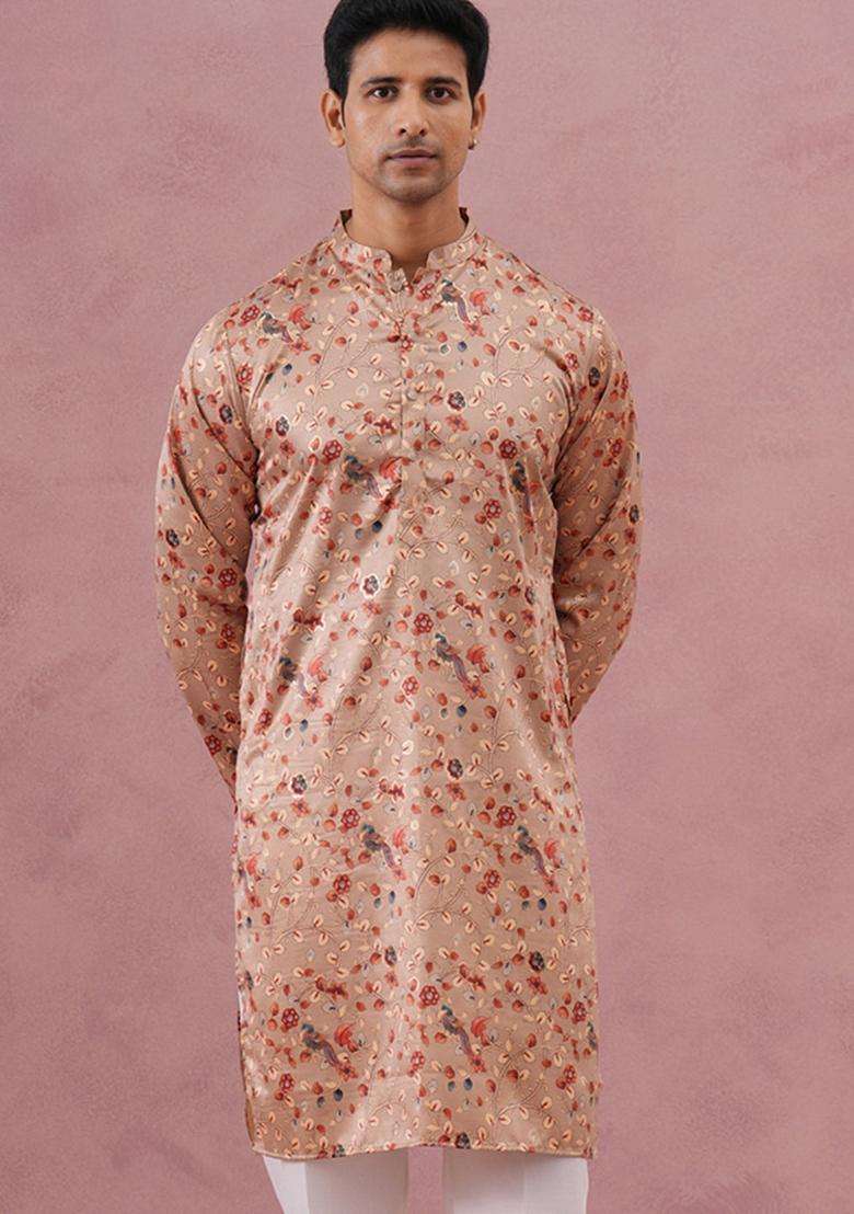 Golden Printed Cotton Kurta For Men - Indya