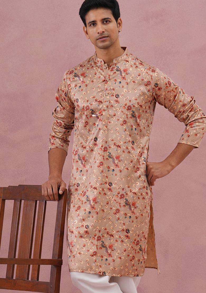 Golden Printed Cotton Kurta For Men - Indya