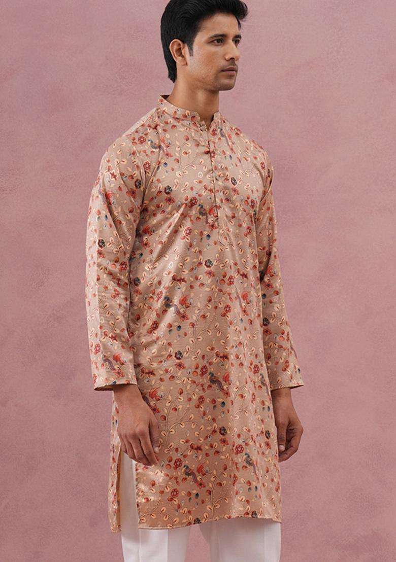 Golden Printed Cotton Kurta For Men - Indya