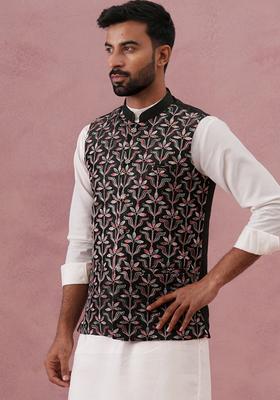 Mehendi Embroidery Silk Blend Waistcoat Nehru Jacket For Men