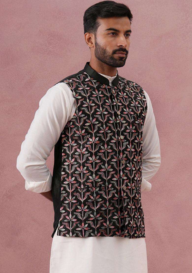 Mehendi Embroidery Silk Blend Waistcoat Nehru Jacket For Men - Indya