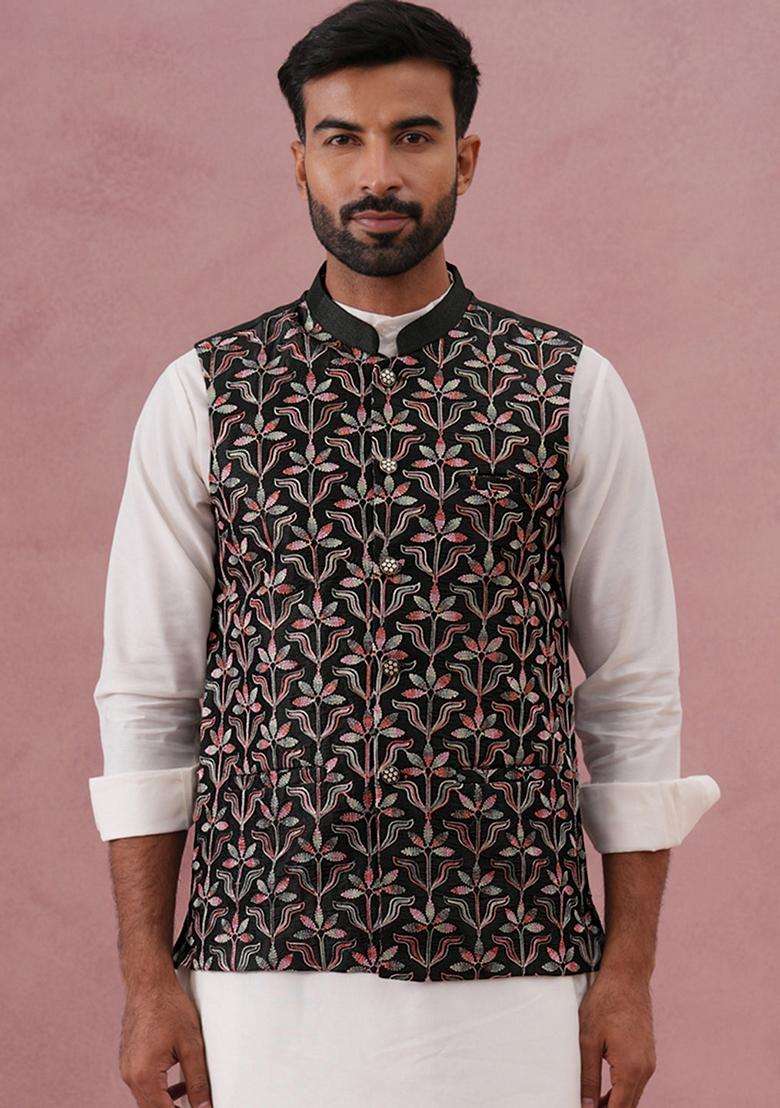 Mehendi Embroidery Silk Blend Waistcoat Nehru Jacket For Men - Indya
