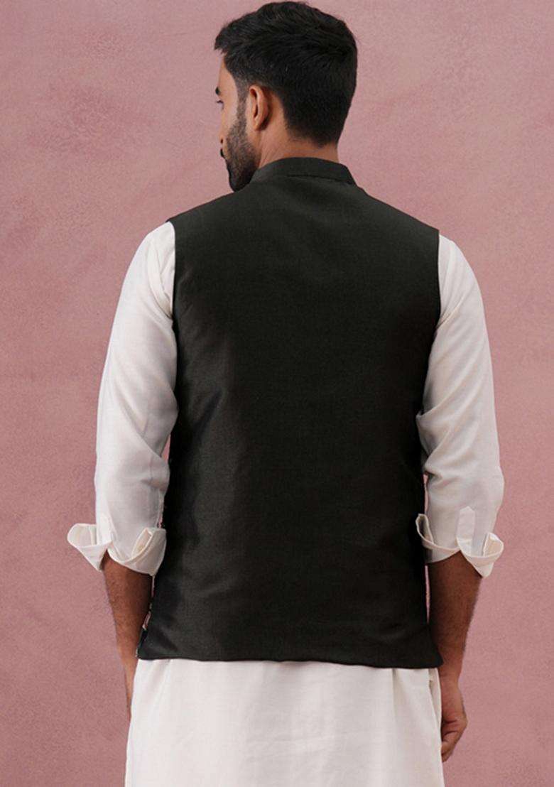 Mehendi Embroidery Silk Blend Waistcoat Nehru Jacket For Men - Indya