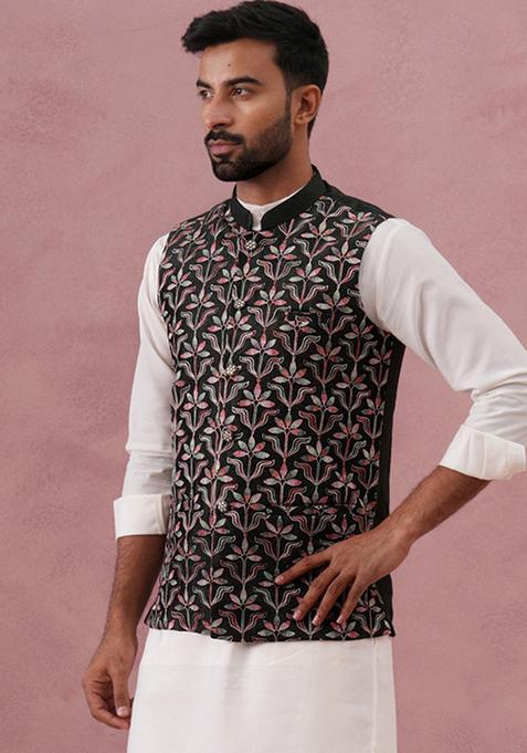 Mehendi Embroidery Silk Blend Waistcoat Nehru Jacket For Men