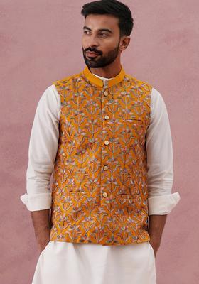 Mustard Embroidery Silk Blend Waistcoat Nehru Jacket For Men