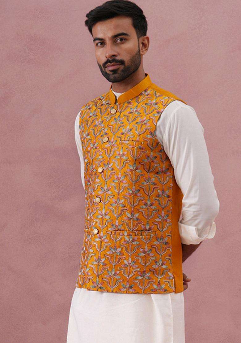 Mustard Embroidery Silk Blend Waistcoat Nehru Jacket For Men - Indya