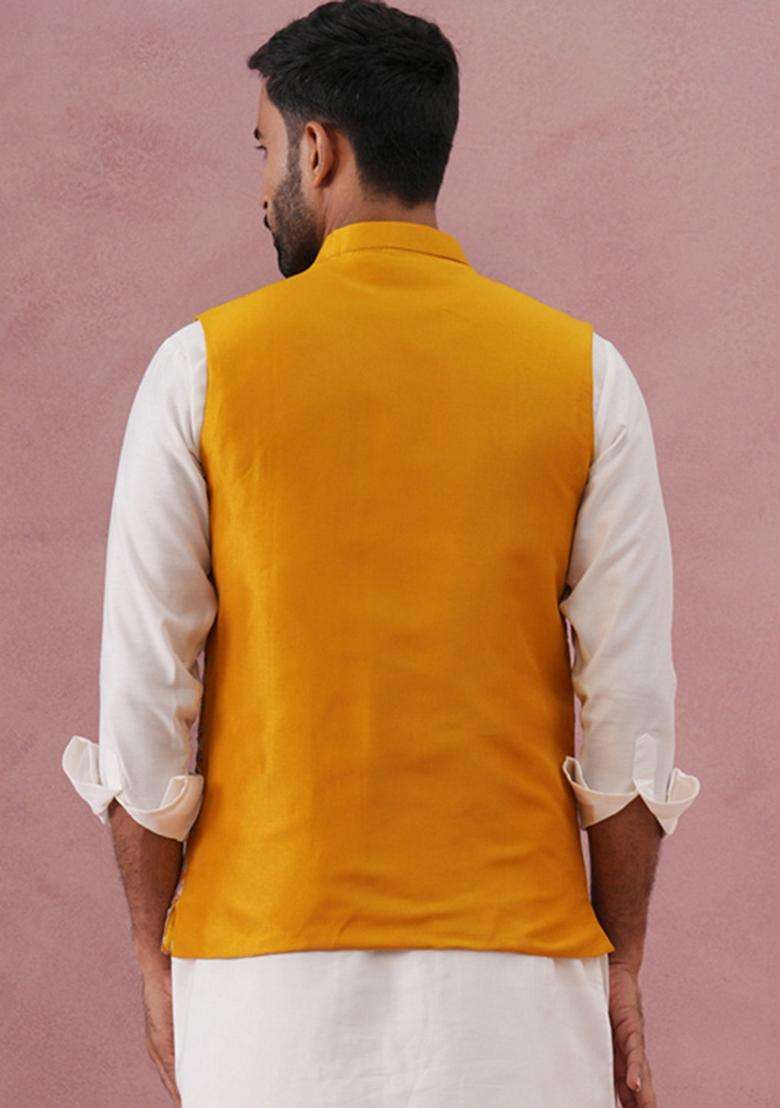 Mustard Embroidery Silk Blend Waistcoat Nehru Jacket For Men - Indya
