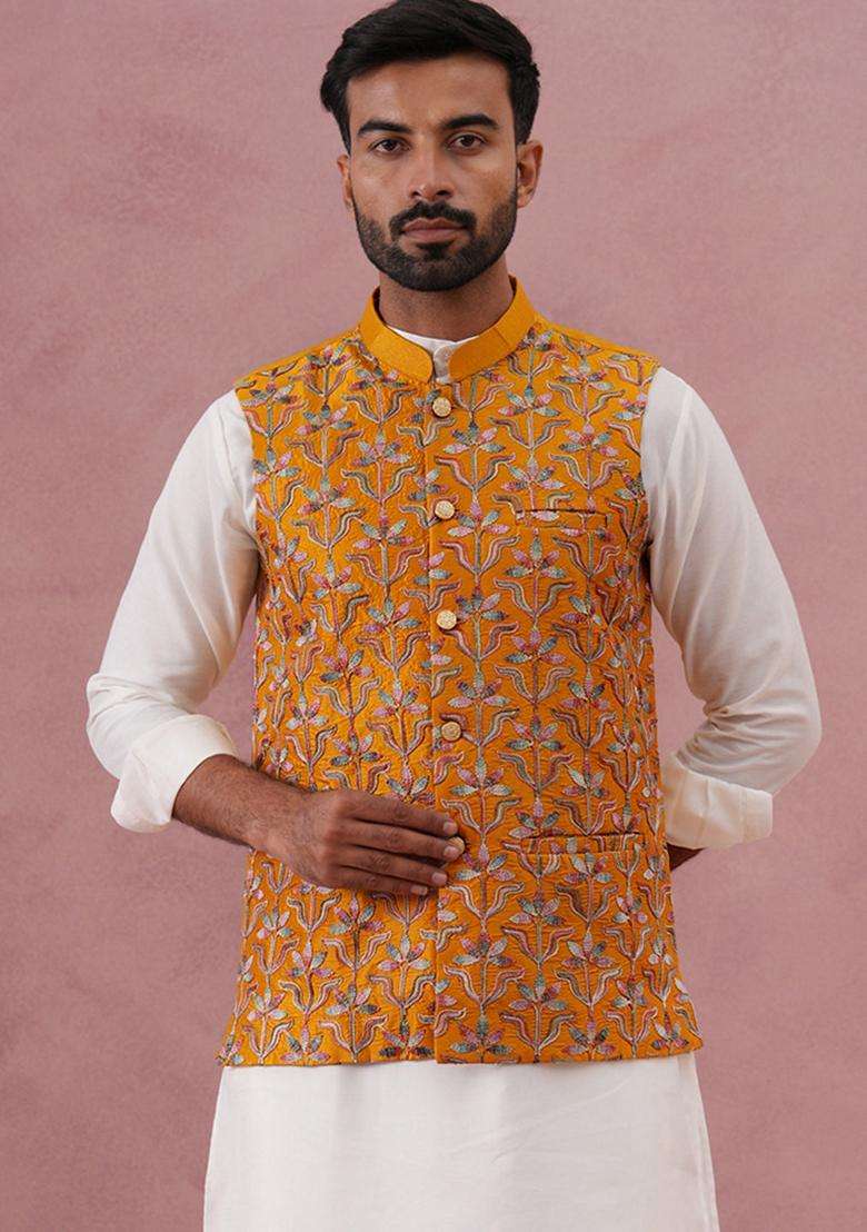 Mustard Embroidery Silk Blend Waistcoat Nehru Jacket For Men - Indya